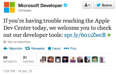 Apple Dev Center en maintenance Tweet Microsoft