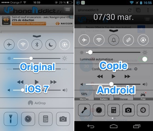Centre de controles iOS 7 vs Android