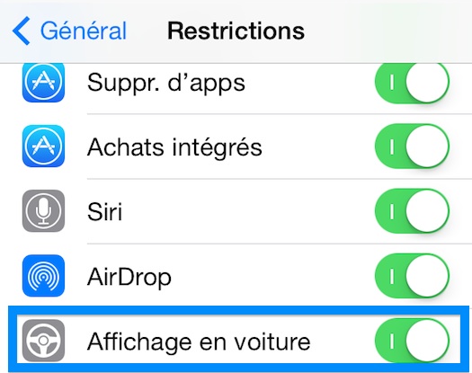 iOS en Voiture iOS 7.1 Restrictions