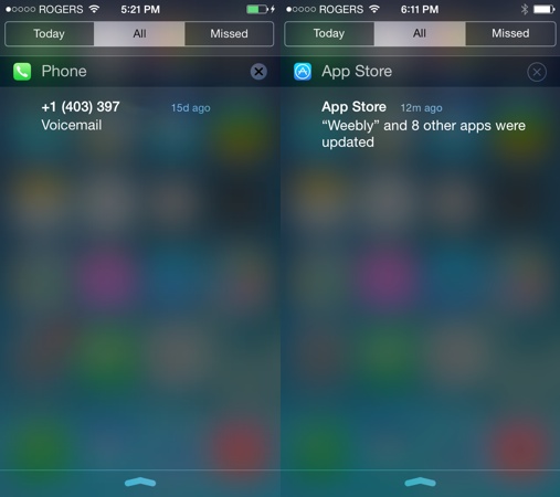 iOS 7 vs iOS 7.1 Centre de Notifications Croix