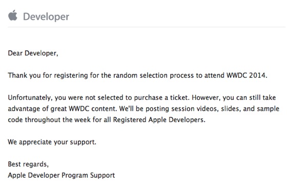 WWDC 2014 Email Refus