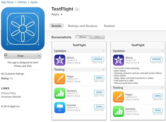TestFlight Fiche iTunes