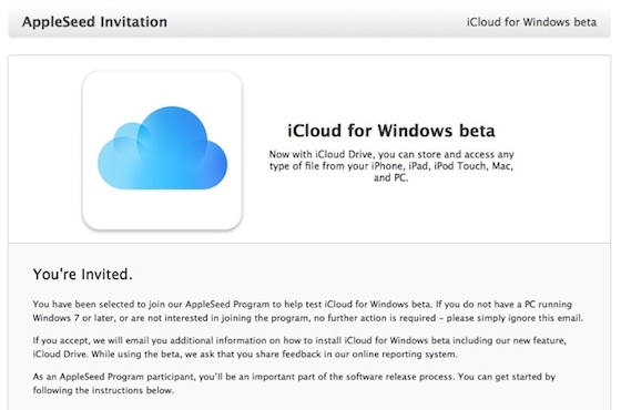 iCloud for Windows Beta Invitation Email