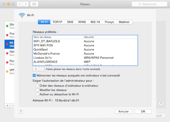 OS X Yosemite Wi-Fi Preferences
