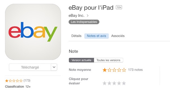 eBay Application iPad Mauvaises Notes