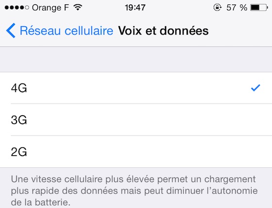 Choix Reseau 2G 3G 4G iOS 8.3