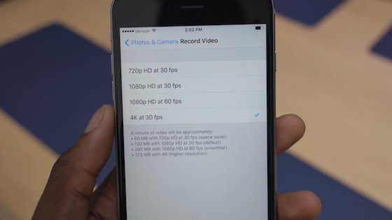 iPhone 6s Choix Video 4K