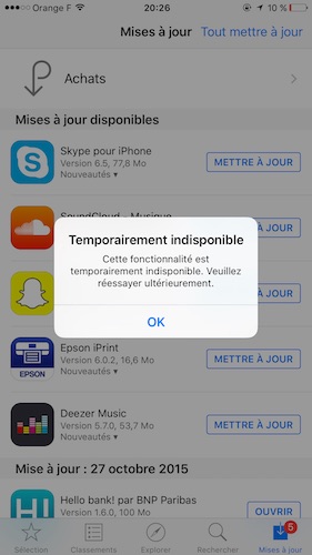 App Store Erreur Temporairement Indisponible