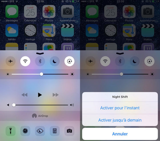 iOS 9.3 Beta 2 Mode Nuit Centre Controle