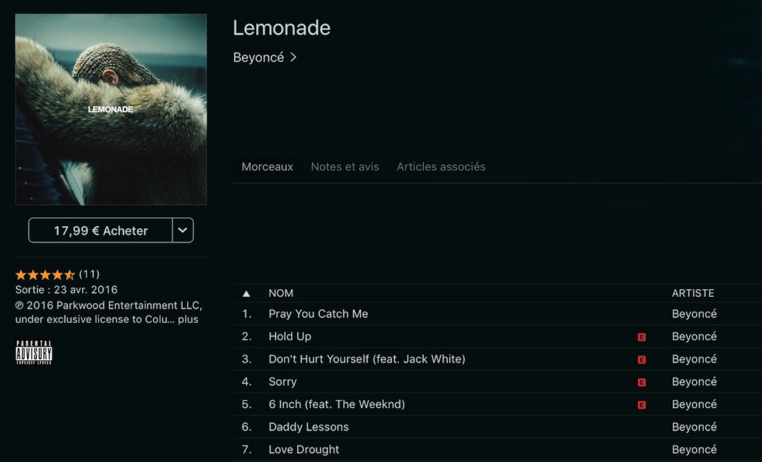 Beyoncé propose son nouvel album "Lemonade" sur iTunes, mais pas sur