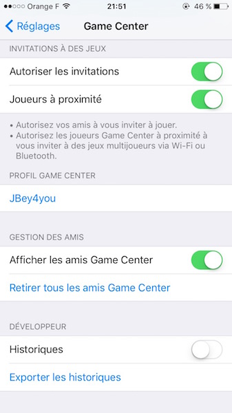 Game Center Reglages iOS 10