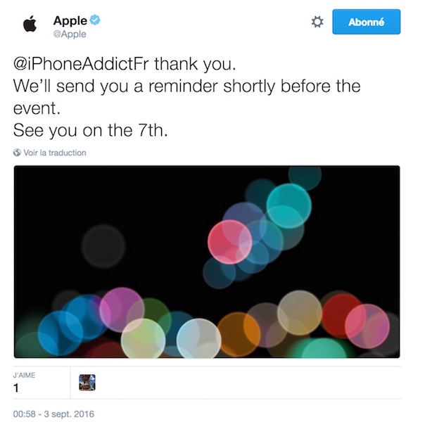 Tweet Apple Keynote 7 Septembre