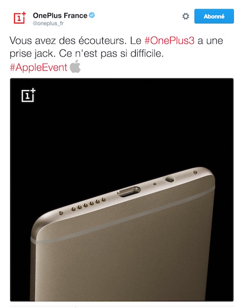 Tweet OnePlus Moque iPhone 7 Jack