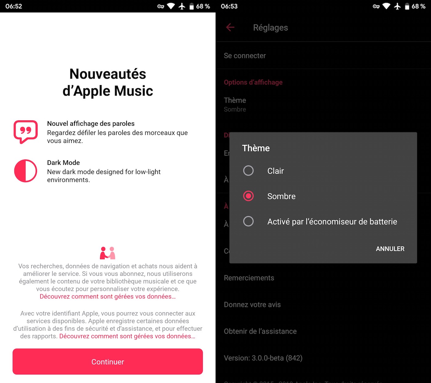 Apple Music sur Android mode sombre et karaoké disponibles en bêta
