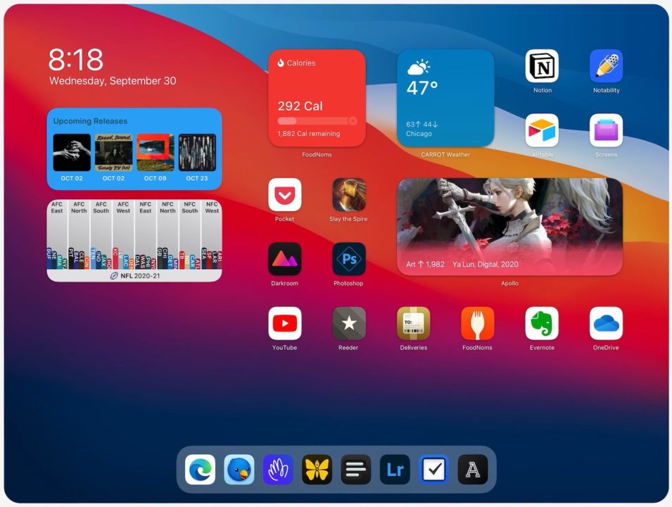 Concept iPad sous iPadOS 14 avec widgets sur l'écran d'accueil