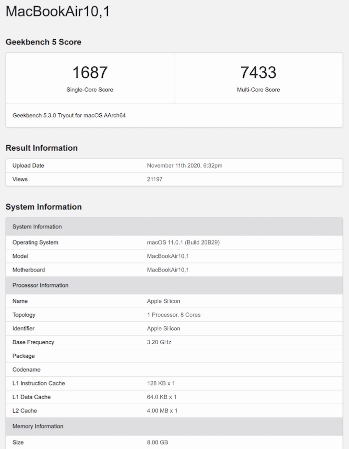 Benchmark MacBook Air M1 Geekbench