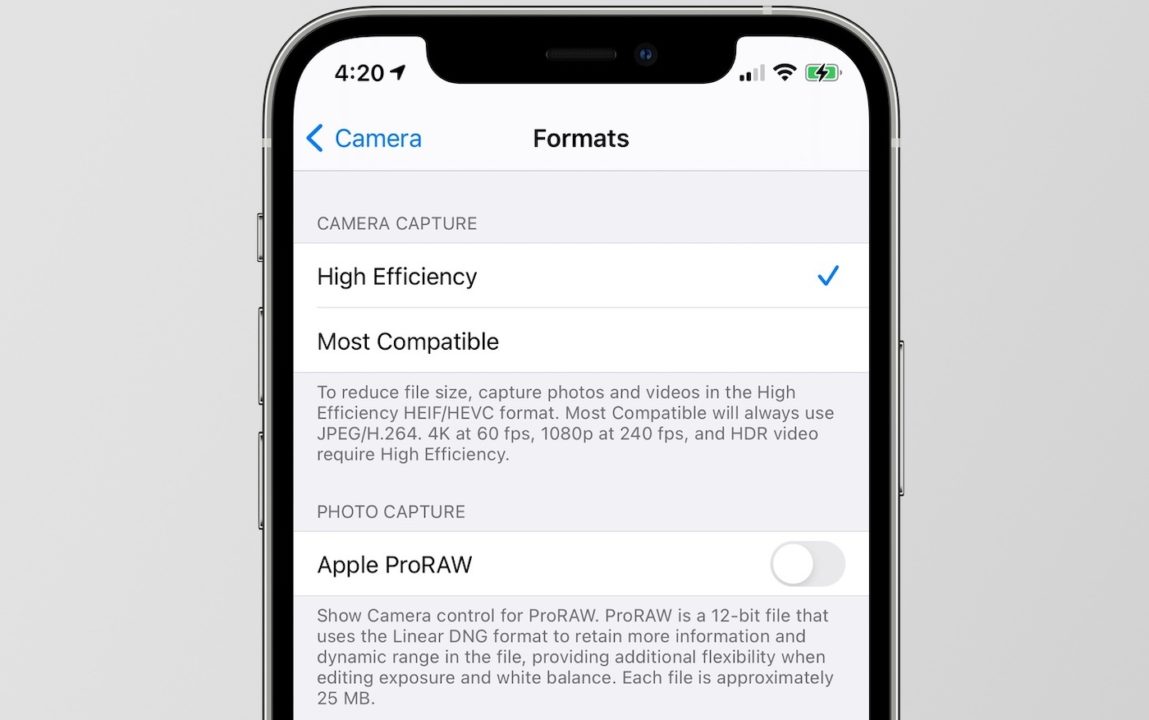 iOS 14.3 Beta 1 Format ProRAW