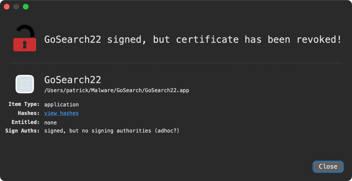 GoSearch22 Malware Mac M1