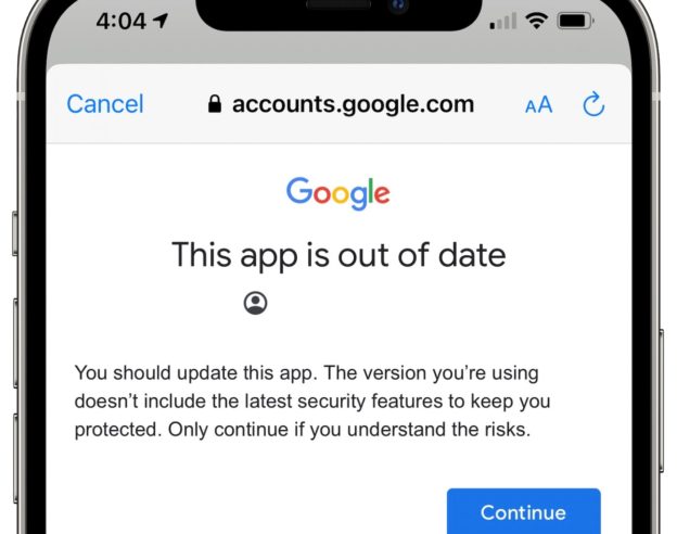 Google Applications iOS Message Mise A Jour Obligatoire