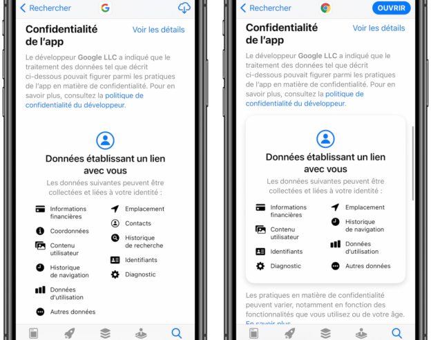 Google et Chrome Fiche Confidentialite App Store