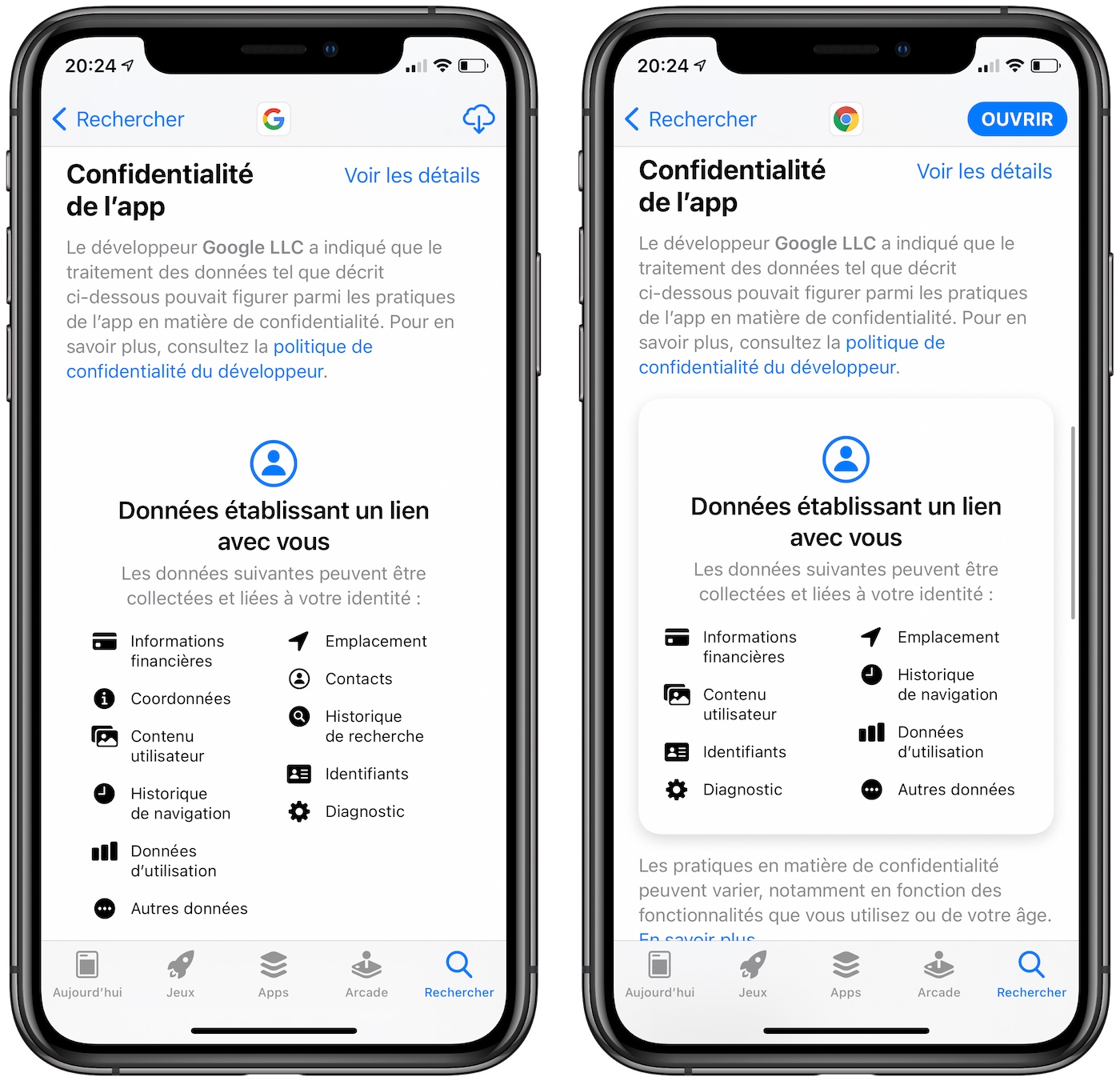 Google et Chrome Fiche Confidentialite App Store