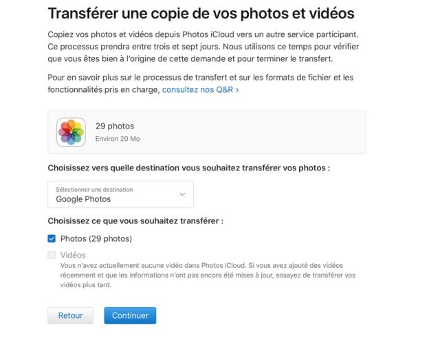 Transfert Photos iCloud vers Google Photos