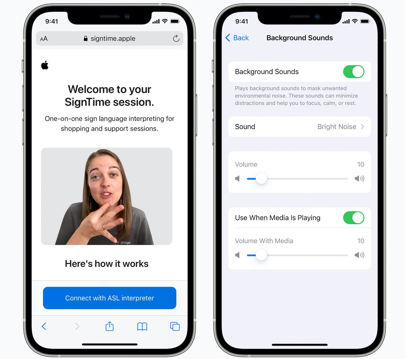 Accessibilite Apple Langue des Signes et Sons Arriere-Plan