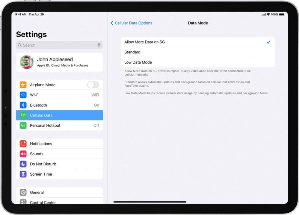 iPad Pro Option Autoriser plus de donnees sur les réseaux 5G