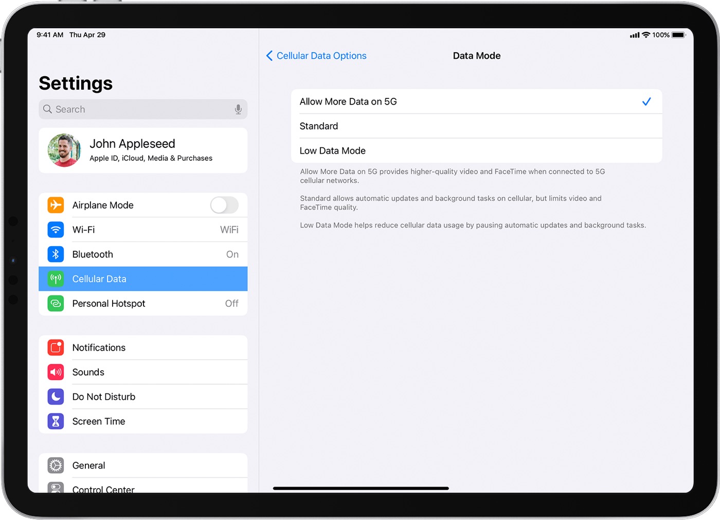iPad Pro Option Autoriser plus de donnees sur les réseaux 5G