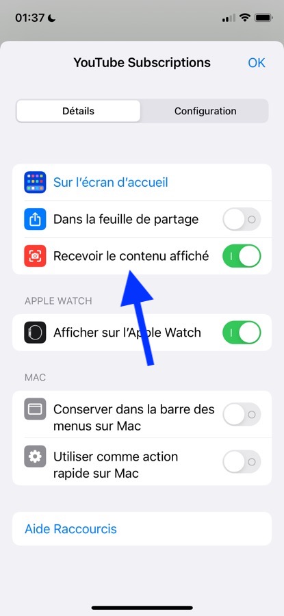 iOS 15 Beta 2 Raccourcis Recevoir le contenu affiche