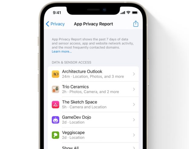iOS 15 Rapport Apps Confidentialite