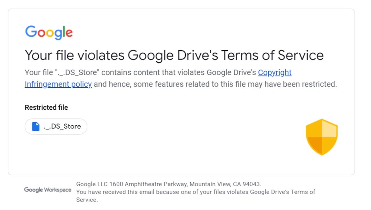 Google Drive n'aime pas les fichiers .DS_Store des Mac