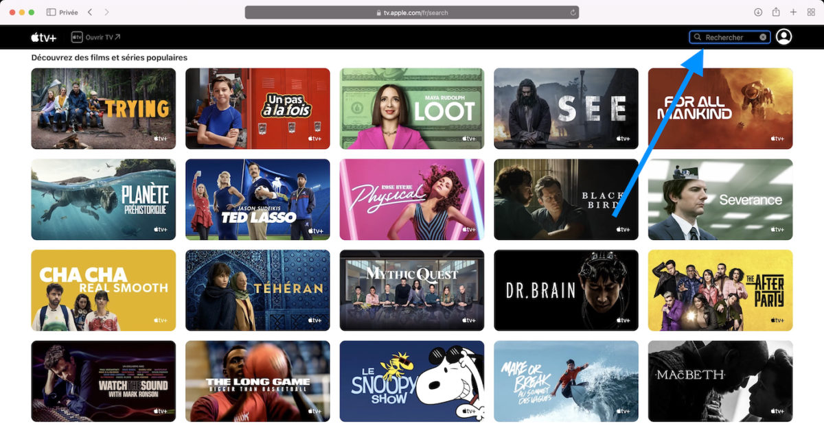 Apple TV Plus Site Web Barre Recherche