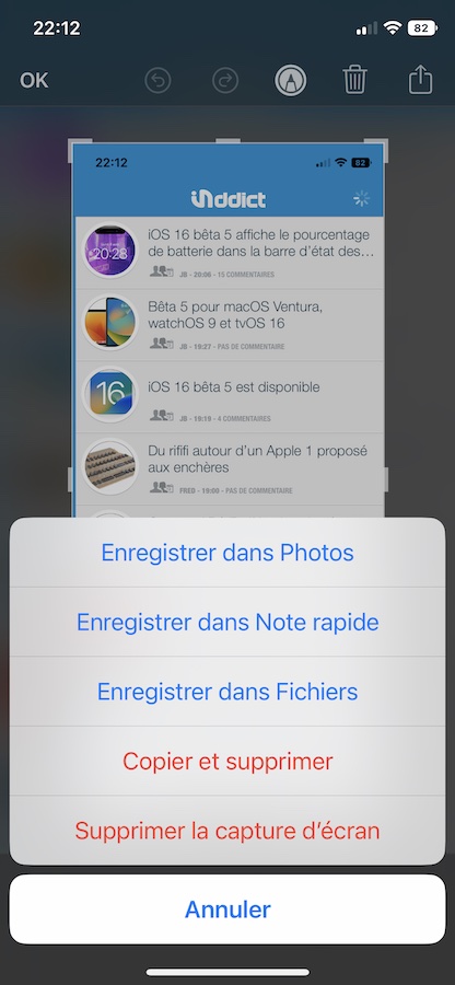 iOS 16 Beta 5 Capteur Ecran Option Copier Supprimer