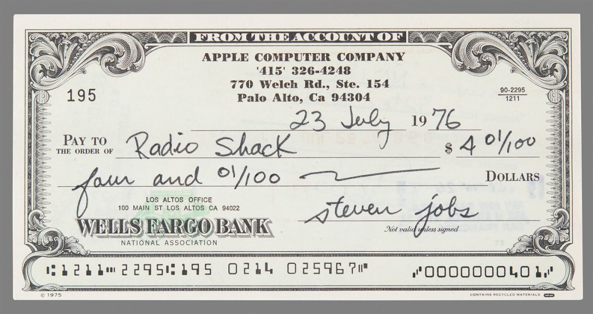 Cheque Apple Signe Steve Jobs RadioShack