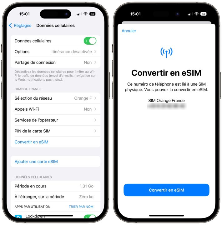 iPhone Convertir Carte SIM en eSIM Orange Reglages