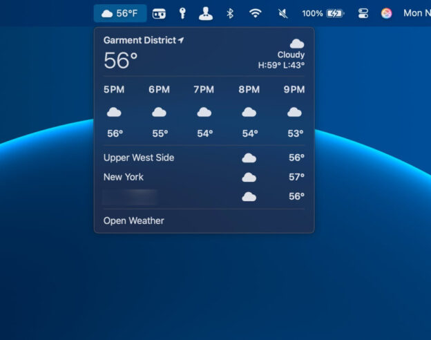 Image macOS 15.2 affiche la météo au niveau de la barre des menus