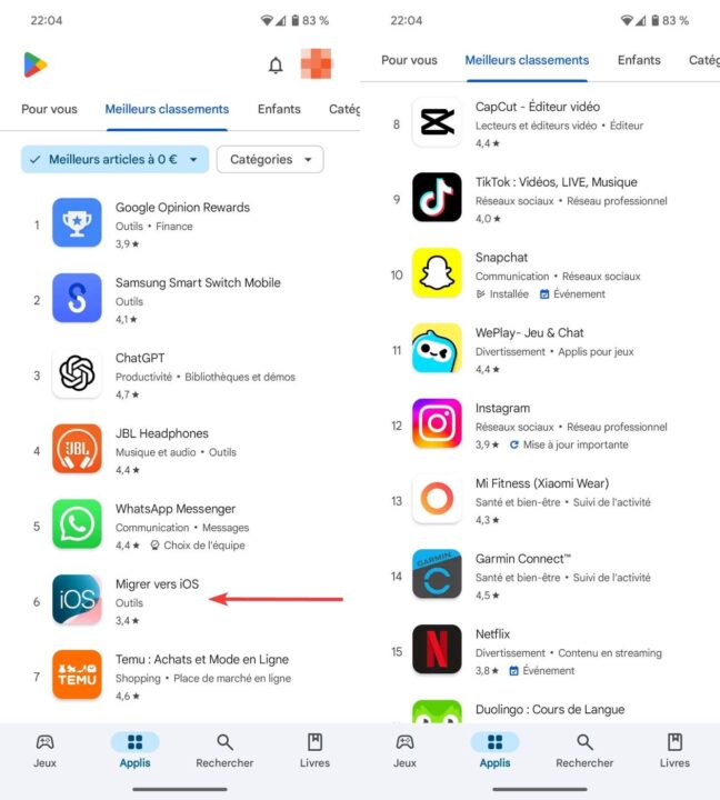 Migrer vers iOS Play Store Classement