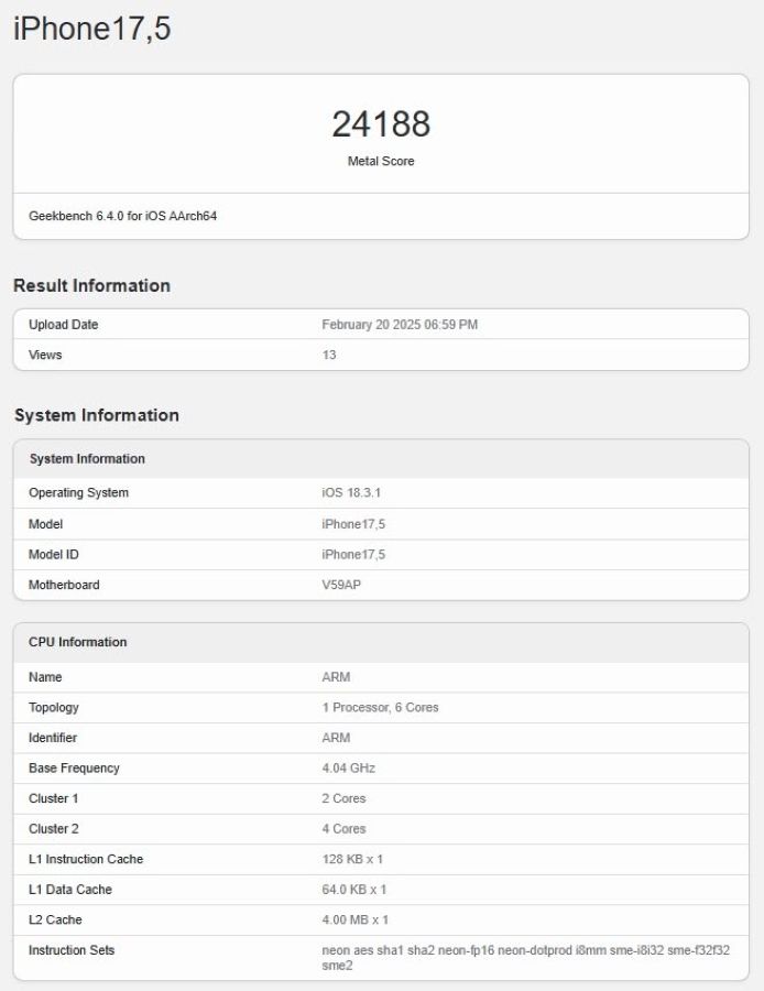 iPhone 16e Benchmark Geekbench GPU