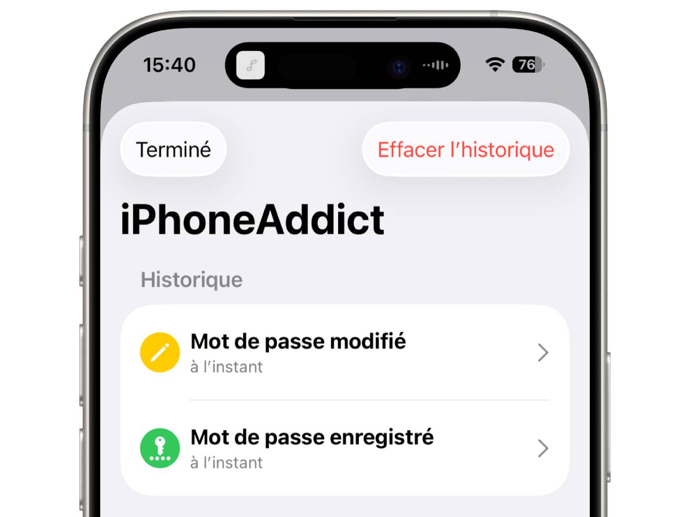 Application Mots de Passe Historique iOS 26