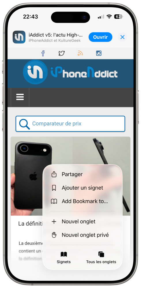 iOS 26 Beta 2 Safari Nouveau Menu