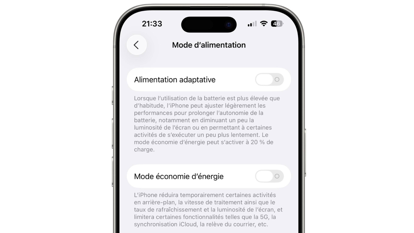 iOS 26 Alimentation Adaptative Batterie Option