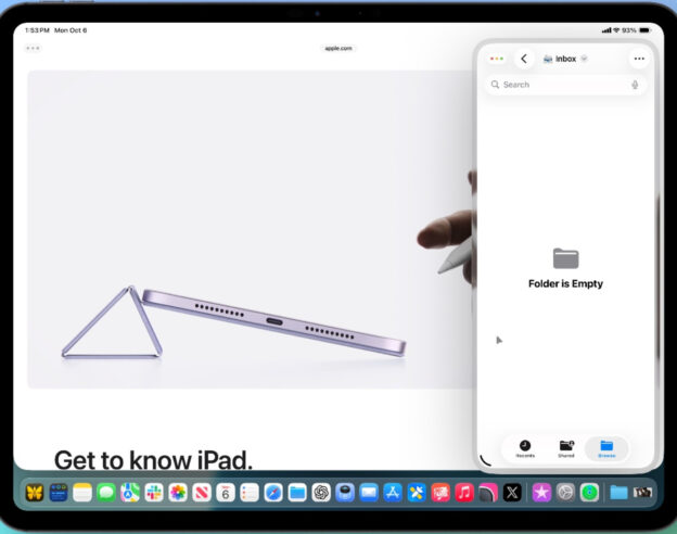 Image iPadOS 26.1 bêta 2 rétablit la fonction Slide Over pour le multitâche
