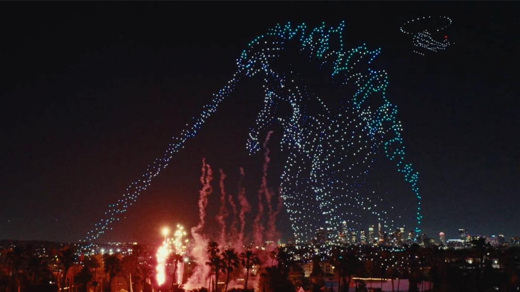 Apple TV. drone show godzilla