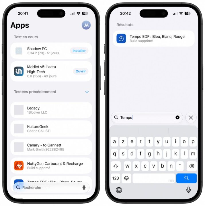 TestFlight Barre Recherche Application iPhone