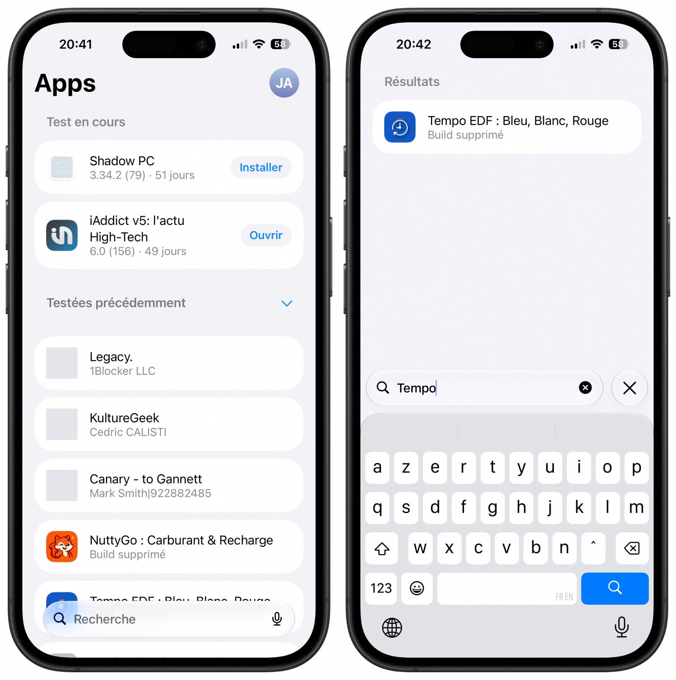TestFlight Barre Recherche Application iPhone