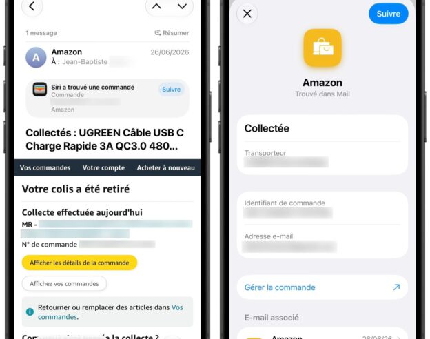 Image iOS 27 bêta 3 suit vos commandes Amazon via l&rsquo;app Cartes d&rsquo;Apple
