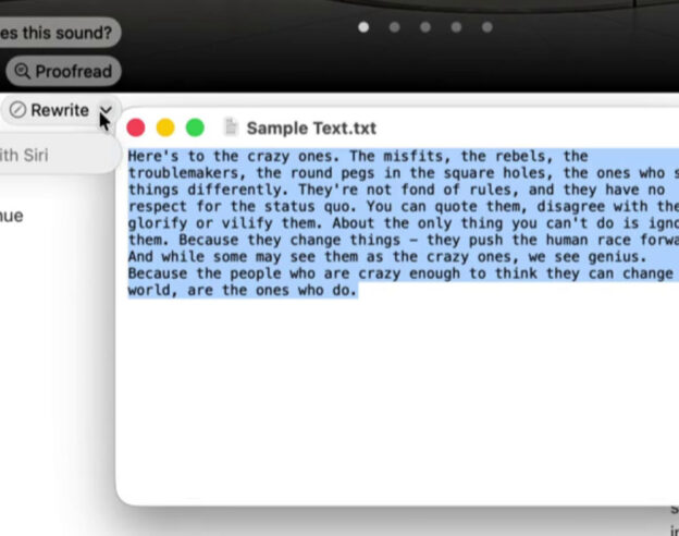 Image macOS 27 cache un menu pour Siri AI en sélectionnant du texte