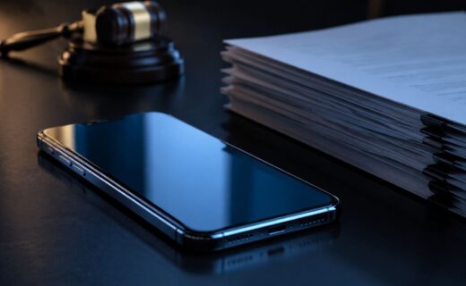 Un smartphone posé près de documents judiciaires et d’un marteau de juge