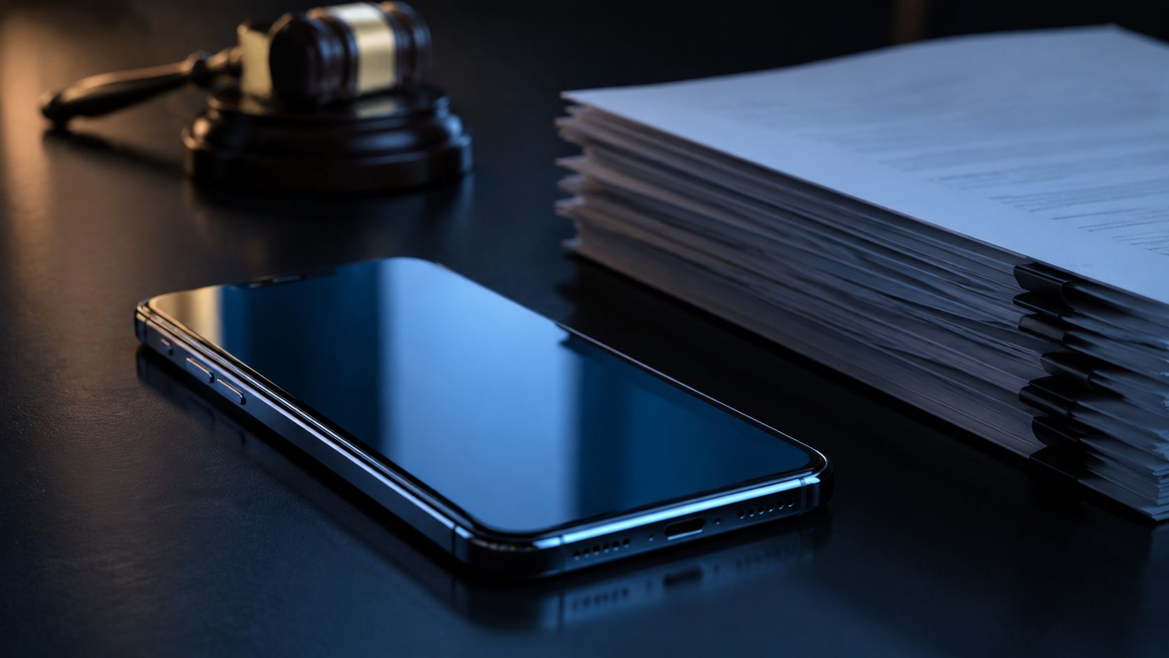 Un smartphone posé près de documents judiciaires et d'un marteau de juge